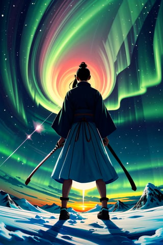 A minimalist design with a vintage touch, featuring a cool, beautiful and stylish anime a female samurai clothes silhouette in faded, camera from the back, awesome and bright colors. holding a sword on right hand ,long hair, dynamic pose, beautiful cute and skins woman with long leg, full body ,wearing trandition dress, A giant snow Mt.Everest mountain with a cave in tibet, a beautiful sunset sky with crazy auroras, vivid colors, ultra-detailed, best quality, absurdres, masterpiece