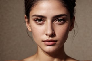 Portrait photo, rule of thirds, good lighting, clear face (hair tied, root hair slightly faded, pores, female facial hair), detailed face, detailed nose, detailed lips, woman naked, (very light moles faded, brown eyes, spanish), influencer, smirk, intricate background
, no makeup, realism,realistic,raw,analog,woman,portrait,photorealistic,analog,realism, instagram.