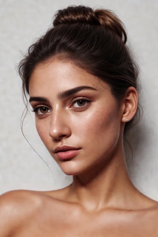 full body photo, rule of thirds, good lighting, clear face (hair tied, root hair slightly faded, pores, female facial hair), detailed face, detailed nose, detailed lips, woman naked,big boobs,slim toned body,(very light moles faded, brown eyes, spanish), influencer, smirk, intricate background
, no makeup, realism,realistic,raw,analog,woman,portrait,photorealistic,analog,realism, instagram.