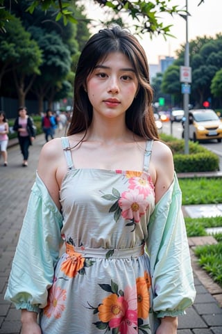 woman, flower dress, colorful,park background,exposure blend, medium shot, bokeh, (hdr:1.4), high contrast, (cinematic, teal and orange:0.85), (muted colors, dim colors, soothing tones:1.3), low saturation,Lydia08