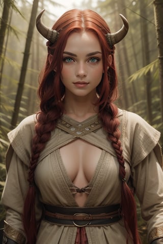 red-haired woman, long braided hair, green eyes, light skin, slim beautiful face with feminine Arab features, wearing Viking outfit in the middle of the forest