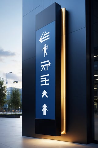 i want to see a wayfinding signs, that is Elegant shape, huge, energetic, vitalist, hard, metallic, heavy, Super Fine, Best Lighting, Outdoors, office building, key visuals, atmospheric, highly realistic,ultra Quality ray tracing