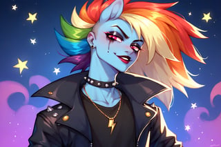 Prompt: Score_9, Score_8_up, Score_7_up, Score_6_up, Score_5_up, Score_4_up, source_cartoon, my little pony  , starry_background, Rainbow dash as a dazzling,  evil wicked Rainbow dash,  MLP, two human girl. Punk clothing.  mlp cartoon art.  pony ears, bright eye makeup looks.  Black clothes, Be1nn1e, black_Lipstick, lips, Standing on a music stage, growling face, blue skin, high_resolution