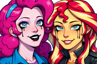 Prompt: Score_9, Score_8_up, Score_7_up, Score_6_up, Score_5_up, Score_4_up, source_cartoon, equestria girls,


Sunset_Shimmer_MLP,
Pinkie_pie_MLP,

two human women,  mlp cartoon art.   bright eye makeup looks.  Be1nn1e, black_Lipstick, lips,  face shot,  two female, two human woman, high_resolution,  red_heart-shaped_pupils