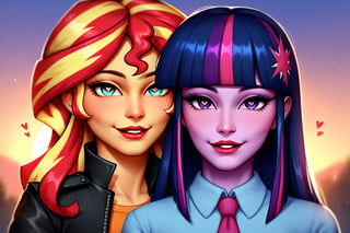 Prompt: Score_9, Score_8_up, Score_7_up, Score_6_up, Score_5_up, Score_4_up, source_cartoon, equestria girls,


Sunset_Shimmer_MLP,
Twilight_sparkle_MLP,

two human women,  mlp cartoon art.   black_Lipstick, lips,  face shot,  two female, two human woman, high_resolution,  large_red_heart-shaped_pupils, heart, heart_eyes, 