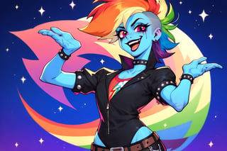 Prompt: Score_9, Score_8_up, Score_7_up, Score_6_up, Score_5_up, Score_4_up, source_cartoon, my little pony  , starry_background, Rainbow dash as a dazzling,  evil wicked Rainbow dash,  MLP, two human girl. Punk clothing.  mlp cartoon art.  pony ears, bright eye makeup looks.  Black clothes, Be1nn1e, black_Lipstick, lips, Standing on a music stage, growling face, blue skin, high_resolution