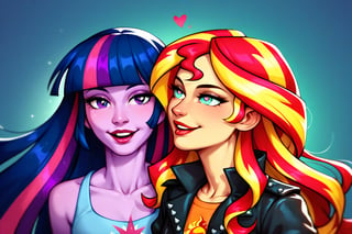 Prompt: Score_9, Score_8_up, Score_7_up, Score_6_up, Score_5_up, Score_4_up, source_cartoon, equestria girls,


Sunset_Shimmer_MLP,
Twilight_sparkle_MLP,

two human women,  mlp cartoon art.   black_Lipstick, lips,  face shot,  two female, two human woman, high_resolution,  large_red_heart-shaped_pupils