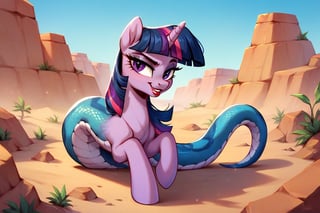 Prompt: Score_9, Score_8_up, Score_7_up, Score_6_up, Score_5_up, Score_4_up, source_cartoon,  

 MLP,  twilight_sparkle, my_little_pony,  lamia girl, snake body


 bright eye makeup looks. Be1nn1e, black_Lipstick, lips, one pony (full body shot:0.9),  desert_background, 
