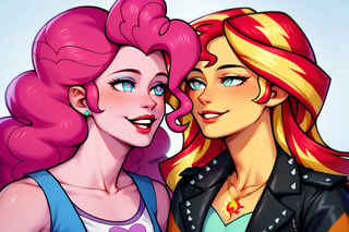 Prompt: Score_9, Score_8_up, Score_7_up, Score_6_up, Score_5_up, Score_4_up, source_cartoon, equestria girls,


Sunset_Shimmer_MLP,
Pinkie_pie_MLP,

two human women,  mlp cartoon art.   black_Lipstick, lips,  face shot,  two female, two human woman, high_resolution,  red_heart-shaped_pupils