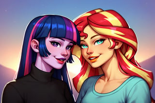 Prompt: Score_9, Score_8_up, Score_7_up, Score_6_up, Score_5_up, Score_4_up, source_cartoon, equestria girls,


Sunset_Shimmer_MLP,
Twilight_sparkle_MLP,

two human women,  mlp cartoon art.   black_Lipstick, lips,  face shot,  two female, two human woman, high_resolution,  red_heart-shaped_pupils