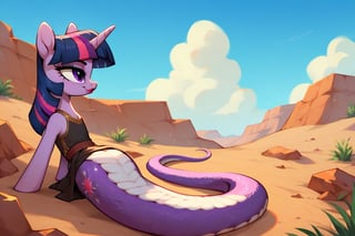 Prompt: Score_9, Score_8_up, Score_7_up, Score_6_up, Score_5_up, Score_4_up, source_cartoon,  

 MLP,  twilight_sparkle, my_little_pony,  lamia girl, snake body


 bright eye makeup looks. Be1nn1e, black_Lipstick, lips, one pony (full body shot:0.9),  desert_background, 
