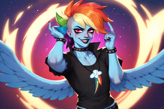 Prompt: Score_9, Score_8_up, Score_7_up, Score_6_up, Score_5_up, Score_4_up, source_cartoon, my little pony  , starry_background, Rainbow dash as a dazzling,  evil wicked Rainbow dash,  MLP, two human girl. Punk clothing.  mlp cartoon art.  pony ears, bright eye makeup looks.  Black clothes, Be1nn1e, black_Lipstick, lips, Standing on a music stage, growling face, blue skin, high_resolution