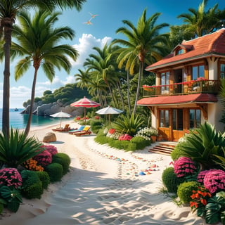 A serene Riviera beach scene unfolds before us. Little apartman house with terrace. Soft white sand stretches beneath the gentle sway of  trees, while a family plays and laughs together and sunbathe. In the distance, a majestic sailing ship glides across the calm sea, its sails billowing in the breeze. Blankets scatter the shore, topped with tiny treasures: delicate sea-shells and starfish. The highly detailed landscape, reminiscent of Jean-Jacques Sempé's whimsical illustrations from Petit Nicolas, comes to life in vibrant colors.