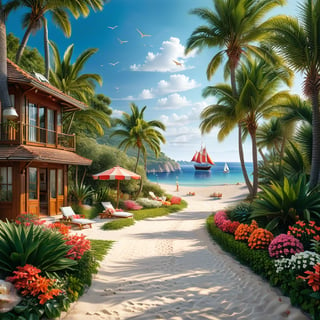 A serene Riviera beach scene unfolds before us. Little apartman house with terrace. Soft white sand stretches beneath the gentle sway of  trees, while a family plays and laughs together and sunbathe. In the distance, a majestic sailing ship glides across the calm sea, its sails billowing in the breeze. Blankets scatter the shore, topped with tiny treasures: delicate sea-shells and starfish. The highly detailed landscape, reminiscent of Jean-Jacques Sempé's whimsical illustrations from Petit Nicolas, comes to life in vibrant colors.