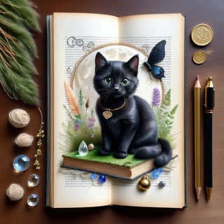 ((ultra realistic photo)), artistic sketch art, Make a little pencil sketch of a CUTE BLACK CAT on an old TORN EDGE BOOK PAGE , art, textures, pure perfection, high definition, feather around, DELICATE FLOWERS, ball of yarn, SHINY COIN, grass fiber on the paper, LITTLE MOON, MOONLIGHT, TINY MUSHROOM, SPIDERWEB, CRYSTAL, MOSS FIBER, TEA LEAF , TEALIGHT, DELICATE CELTIC ORNAMENT, BUNCH OF KEYS, detailed calligraphy text, tiny delicate drawings,BookScenic