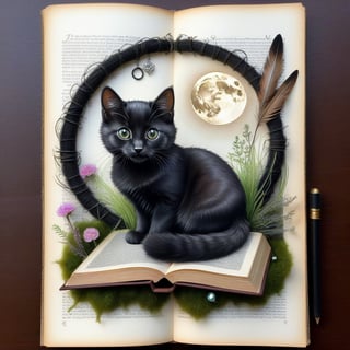 ((ultra realistic photo)), artistic sketch art, Make a little pencil sketch of a CUTE BLACK CAT on an old TORN EDGE BOOK PAGE , art, textures, pure perfection, high definition, feather around, DELICATE FLOWERS, ball of yarn, SHINY COIN, grass fiber on the paper, LITTLE MOON, MOONLIGHT, TINY MUSHROOM, SPIDERWEB, GEM, MOSS FIBER, TEA LEAF , TEALIGHT, DELICATE CELTIC ORNAMENT, BUNCH OF KEYS, detailed calligraphy text, tiny delicate drawings,BookScenic