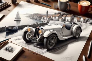  ((ultra ARTISTIC sketch)), (artistic sketch art), Make a 3d DETAILED old torn edge paper on the desk, a detailed Sketch on the paper about an Old village on the sea night time, nice view, a vintage Bugatti  T35 typ car on the road, a little coffee shop, Jean-Baptiste Monge, Kukharskiy Igor, Thomas wells schaller style, ghostly,scenery, Nazar Noschenko