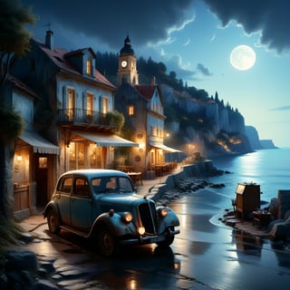 Old village on the sea night time, nice view, an old vintage car on the road, a little coffee shop, Jean-Baptiste Monge, Kukharskiy Igor, Thomas wells schaller style, ghostly, Nizza, summer,island