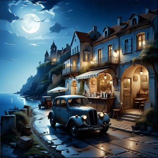 Old village on the sea night time, nice view, an old vintage car on the road, a little coffee shop, Jean-Baptiste Monge, Kukharskiy Igor, Thomas wells schaller style, ghostly, Nizza, summer,island,DonM3lv3nM4g1cXL,stworki,style,Apoloniasxmasbox,DonMD0n7P4n1cXL