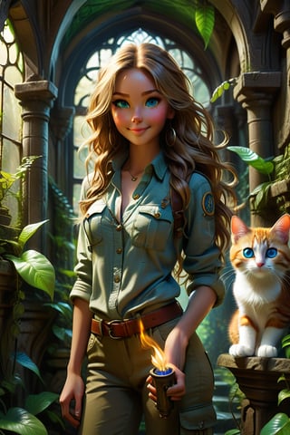 tall skinny explorer woman standig in loose cargo pants khaki boots and loose shirt, long shiny hair, piercing lovely blue eyes, lovely face, perky smile, exploring the Ghotical magical astonishing enchanted detailed underground temple with a torch, Holding a cat in her hand. anchient detailed paintings , lush green lianas and Gothic window on the wall, one cute cat with the explorer.,