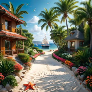 A serene Riviera beach scene unfolds before us. Little apartman house with terrace. Soft white sand stretches beneath the gentle sway of  trees, while a family plays and laughs together and sunbathe. In the distance, a majestic sailing ship glides across the calm sea, its sails billowing in the breeze. Blankets scatter the shore, topped with tiny treasures: delicate sea-shells and starfish. The highly detailed landscape, reminiscent of Jean-Jacques Sempé's whimsical illustrations from Petit Nicolas, comes to life in vibrant colors.