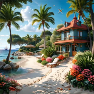 A serene Riviera beach scene unfolds before us. Little apartman house with terrace. Soft white sand stretches beneath the gentle sway of  trees, while a family plays and laughs together and sunbathe. In the distance, a majestic sailing ship glides across the calm sea, its sails billowing in the breeze. Blankets scatter the shore, topped with tiny treasures: delicate sea-shells and starfish. The highly detailed landscape, reminiscent of Jean-Jacques Sempé's whimsical illustrations from Petit Nicolas, comes to life in vibrant colors.