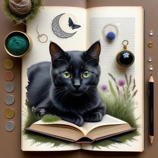 ((ultra realistic photo)), artistic sketch art, Make a little pencil sketch of a CUTE BLACK CAT on an old TORN EDGE BOOK PAGE , art, textures, pure perfection, high definition, feather around, DELICATE FLOWERS, ball of yarn, SHINY COIN, grass fiber on the paper, LITTLE MOON, MOONLIGHT, TINY MUSHROOM, SPIDERWEB, GEM, MOSS FIBER, TEA LEAF , TEALIGHT, DELICATE CELTIC ORNAMENT, BUNCH OF KEYS, detailed calligraphy text, tiny delicate drawings,BookScenic