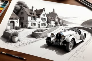  ((ultra ARTISTIC sketch)), (artistic sketch art), Make a 3d DETAILED old torn edge paper on the desk, a detailed Sketch on the paper about an Old village on the sea night time, nice view, a vintage Bugatti  T35 typ car on the road, a little coffee shop, Jean-Baptiste Monge, Kukharskiy Igor, Thomas wells schaller style, ghostly,scenery, Nazar Noschenko