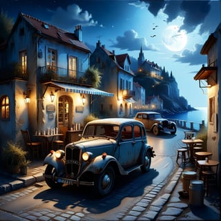 Old village on the sea night time, nice view, an old vintage car on the road, a little coffee shop, Jean-Baptiste Monge, Kukharskiy Igor, Thomas wells schaller style, ghostly, Nizza, summer,island,DonM3lv3nM4g1cXL,stworki,style,Apoloniasxmasbox,DonMD0n7P4n1cXL