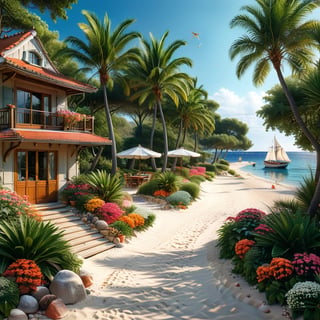 A serene Riviera beach scene unfolds before us. Little apartman house with terrace. Soft white sand stretches beneath the gentle sway of  trees, while a family plays and laughs together and sunbathe. In the distance, a majestic sailing ship glides across the calm sea, its sails billowing in the breeze. Blankets scatter the shore, topped with tiny treasures: delicate sea-shells and starfish. The highly detailed landscape, reminiscent of Jean-Jacques Sempé's whimsical illustrations from Petit Nicolas, comes to life in vibrant colors.