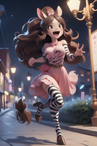 1girl,solo,long hair,
open mouth,
brown hair,
dress,
animal ears,tail,
night,
parody,
monster girl,
building,
running,
zebra ears, 
zebra girl,lamppost, 
zebra tail,street,hooves,1 girl