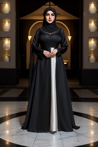 (+18) ,
1 man 1 woman , 
a couple husband and wife,
A sexy Arab woman , 
Wearing traditional Arabian abaya,
Black Long dress,
Satin dress,
Hijab ,
Cleavage,
RAW photo, 
8k uhd, high quality, 
big lips,
((full_body shot)) ,
m4d4m, 
hourglass body shape, ,
,IncursioPecEnvy