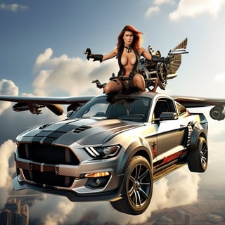 (+18) , NSFW,

A sexy pirate woman riding on a flying Ford mustang,
Airplane wings attached to mustang SUV,

,c_car,rocketride