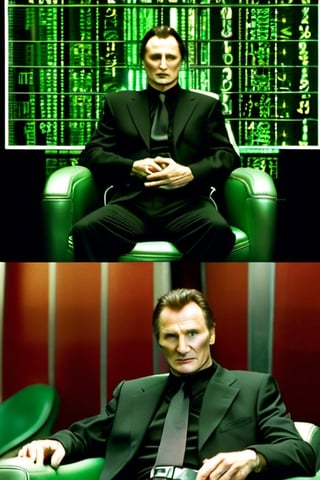 the matrix movie  , 
(masterpiece), 
(extremely intricate:1.3), 
(realistic),  
beautiful lighting, 
professional lighting, 
film grain,
portrait of (Liam Neeson) as morpheus ,
male focus, 
solo, realistic, 
, looking at viewer, 
green eyes, blurry, 
Shamrock ☘️ logo,
Light skin, formal, 
shirt, closed mouth, 
necktie, red chair ,
Irish theme,
,food ,more detail XL