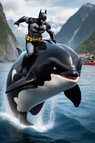 Batman,
 riding,
 orca killer whale ,
,food ,more detail XL,Extremely Realistic