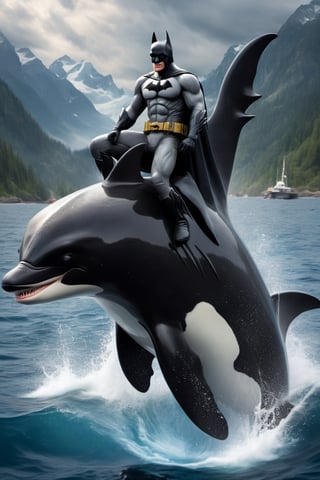 Batman,
 riding,
 orca killer whale ,
,food ,more detail XL,Extremely Realistic