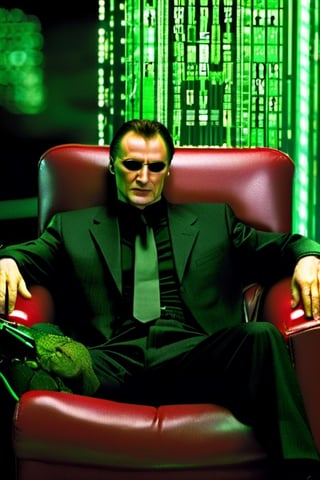 the matrix movie  , 
(masterpiece), 
(extremely intricate:1.3), 
(realistic),  
beautiful lighting, 
professional lighting, 
film grain,
portrait of (Liam Neeson) as morpheus ,
Full body shot,
male focus, 
solo, realistic, 
, looking at viewer, 
green eyes, blurry, 
Shamrock ☘️ logo,
Light skin, formal, 
shirt, closed mouth, 
necktie, red chair ,
Irish theme,
,food ,more detail XL