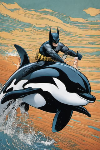 Batman,
 riding,
 orca killer whale ,
,food 