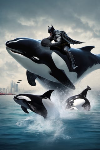 Batman,
 riding,
 orca killer whale ,
,food 