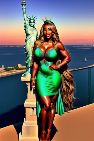 portrait of [Serena Williams| Carrie Underwood], heroin chic, 
Wearing (Liberty Head crown) ,
The statue of liberty,
Medium breasts,
Liberty green dress,
Full body shot,
Focus on the statue of liberty,
,
#KALAL ,
,