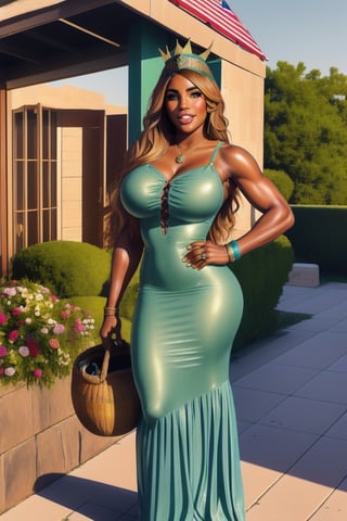 portrait of [Serena Williams| Carrie Underwood], heroin chic, 
The statue of liberty,
Wearing ((Liberty Head crown)) ,
The statue of liberty,
Medium breasts,
Liberty green dress,
Full body shot,
Focus on the statue of liberty,
,
#KALAL ,
,
 accessories to complete the look might include vintage-style jewelry, 
a woven basket, and a bouquet of flowers , 
conservatory 