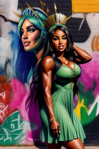 portrait of Lady liberty [Serena Williams| Carrie Underwood], 
heroin chic, 
(Liberty Head crown) ,
Liberty Green dress,
Black hair ,
Standing beside a Wall graffiti painting,
,
#KALAL ,
,