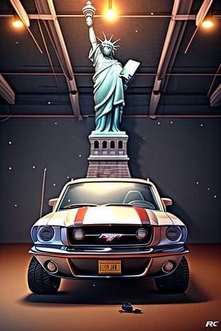 a yollow RC car, 
(Ford mustang) ,
The statue of Liberty in background, 
Studio lighting for a cinematic look, 
Dynamic and photo-realistic, 
Capturing the RC car in real-life detail.