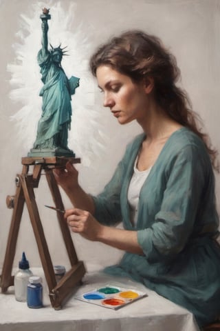 minimalist closeup portrait of an artist at work painting on her canvas easel of (The statue of Liberty Lady) ,
magical worlds ,
glowing magical energies ,
double exposure ,
bright background ,
high key lighting,
oil painting