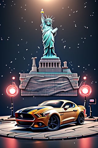 a yollow RC car, 
(Ford mustang) ,
The statue of Liberty in background, 
Studio lighting for a cinematic look, 
Dynamic and photo-realistic, 
Capturing the RC car in real-life detail.,3DMM