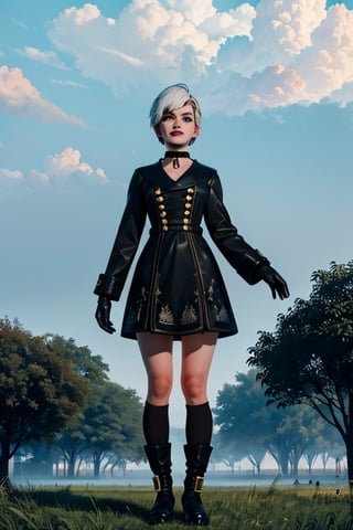 Yorha white hair,
short hair,
black choker,
Almond eyes,
lips,mole under mouth,  
standing, 
The statue of Liberty,
full body shot , 
smile, 
Thighs,
Cleavage,
Ygear, black gloves,
long sleeves ,black footwear, 
black skirt , black socks,
black jacket,buttons,
fog,  grass, 
Focus on the statue of Liberty,
(insanely detailed, beautiful detailed face, masterpiece, best quality)  ,
,photorealistic,realg,disney pixar style