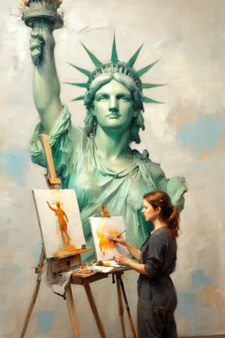 minimalist closeup portrait of an artist at work painting on her canvas easel of (The statue of Liberty) ,
magical worlds ,
glowing magical energies ,
double exposure ,
bright background ,
high key lighting,
oil painting