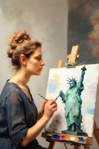 minimalist closeup portrait of an artist at work painting on her canvas easel of (The statue of Liberty) ,
magical worlds ,
glowing magical energies ,
double exposure ,
bright background ,
high key lighting,
oil painting