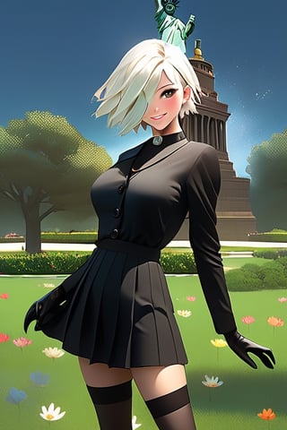 Yorha white hair,
short hair,
black choker,
Almond eyes,
lips,mole under mouth,  
standing, 
The statue of Liberty,
full body shot , 
smile, 
Thighs,
Cleavage,
Ygear, black gloves,
long sleeves ,black footwear, 
black skirt , black socks,
black jacket,buttons,
fog,  grass, 
Focus on the statue of Liberty,
(insanely detailed, beautiful detailed face, masterpiece, best quality)  ,
,photorealistic,realg,disney pixar style