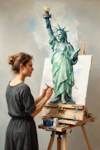 minimalist closeup portrait of an artist at work painting on her canvas easel of (The statue of Liberty) ,
magical worlds ,
glowing magical energies ,
double exposure ,
bright background ,
high key lighting,
The statue of Liberty in background,
,
oil painting